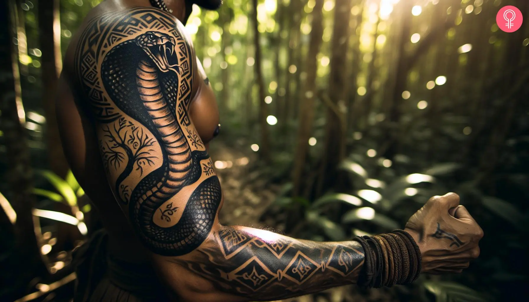 A black ink cobra with tribal elements inked on a man’s upper arm