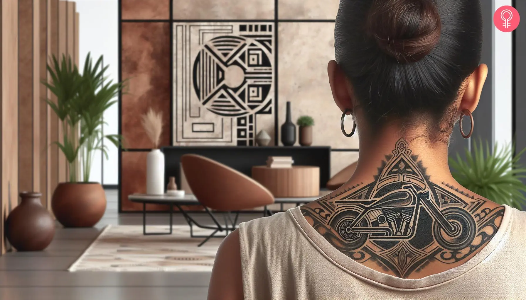 A tribal motorcycle tattoo on the back of a woman’s neck