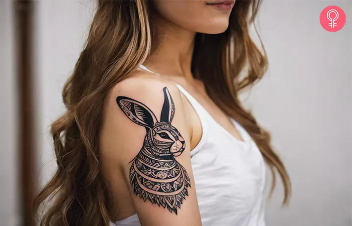 A woman with a tribal rabbit tattoo on the upper arm