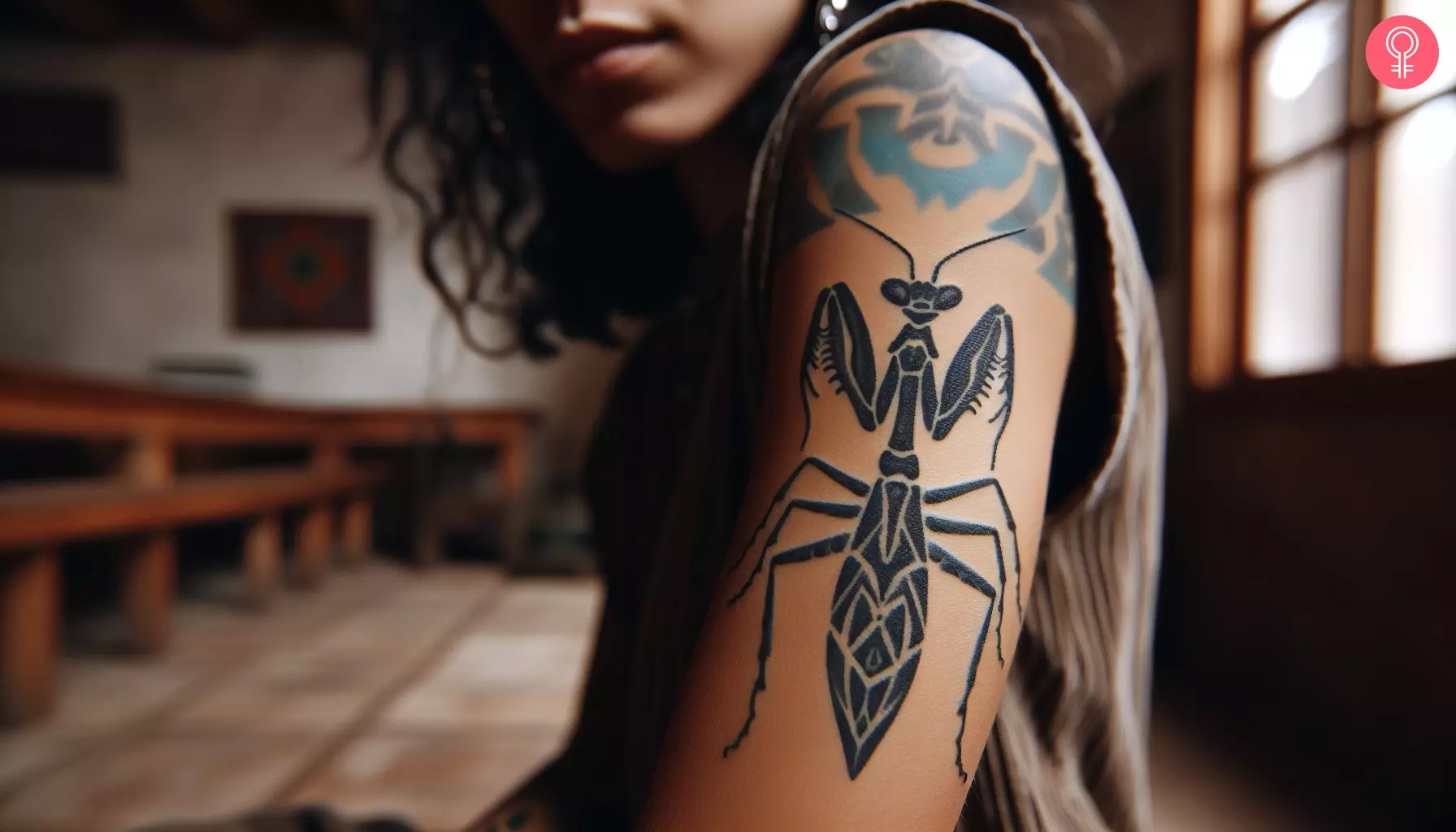 Tribal-style praying mantis tattoo on the upper arm