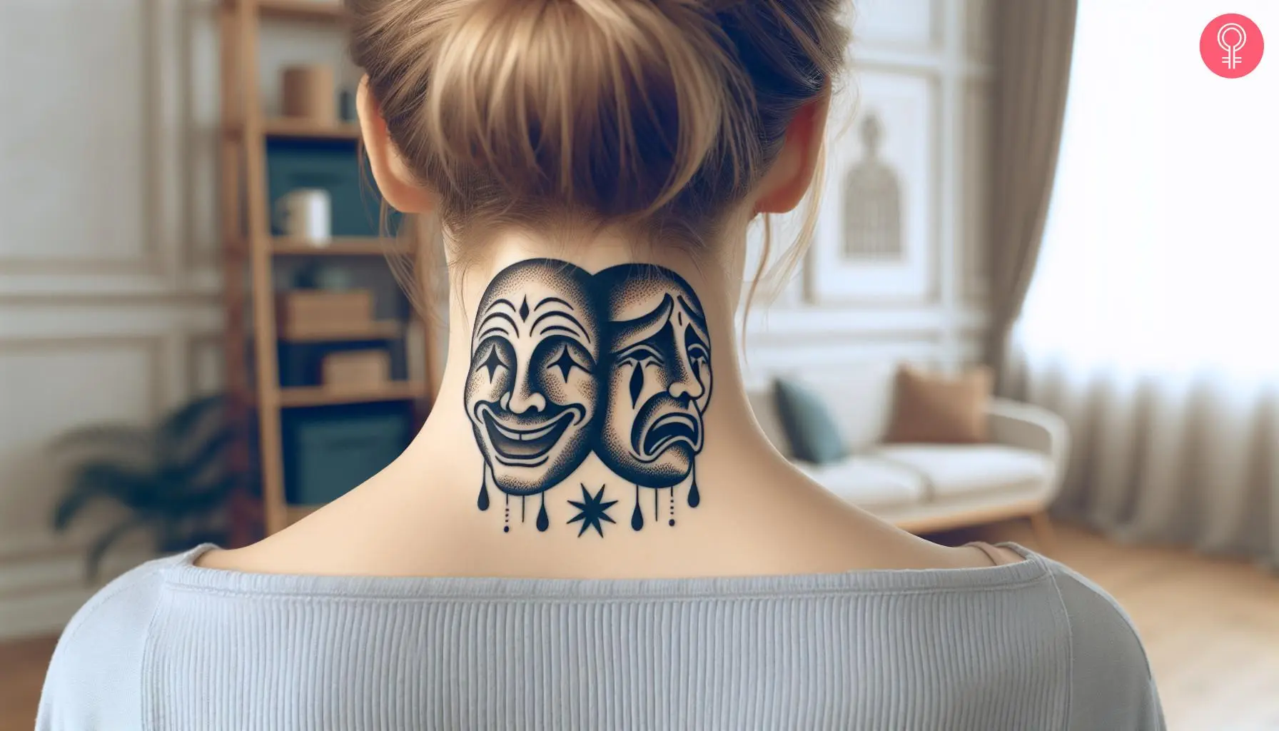 A two-face clown tattoo on the back of a woman’s neck