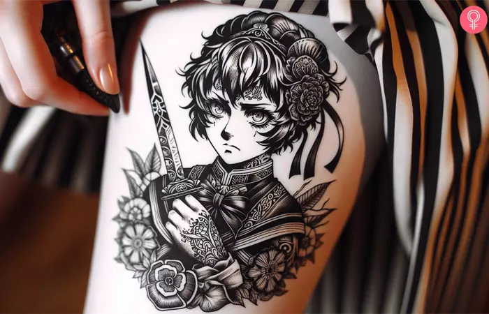 Unique badass tattoo on the thigh