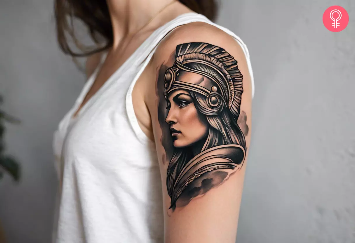 A warrior Athena tattoo design on the upper arm