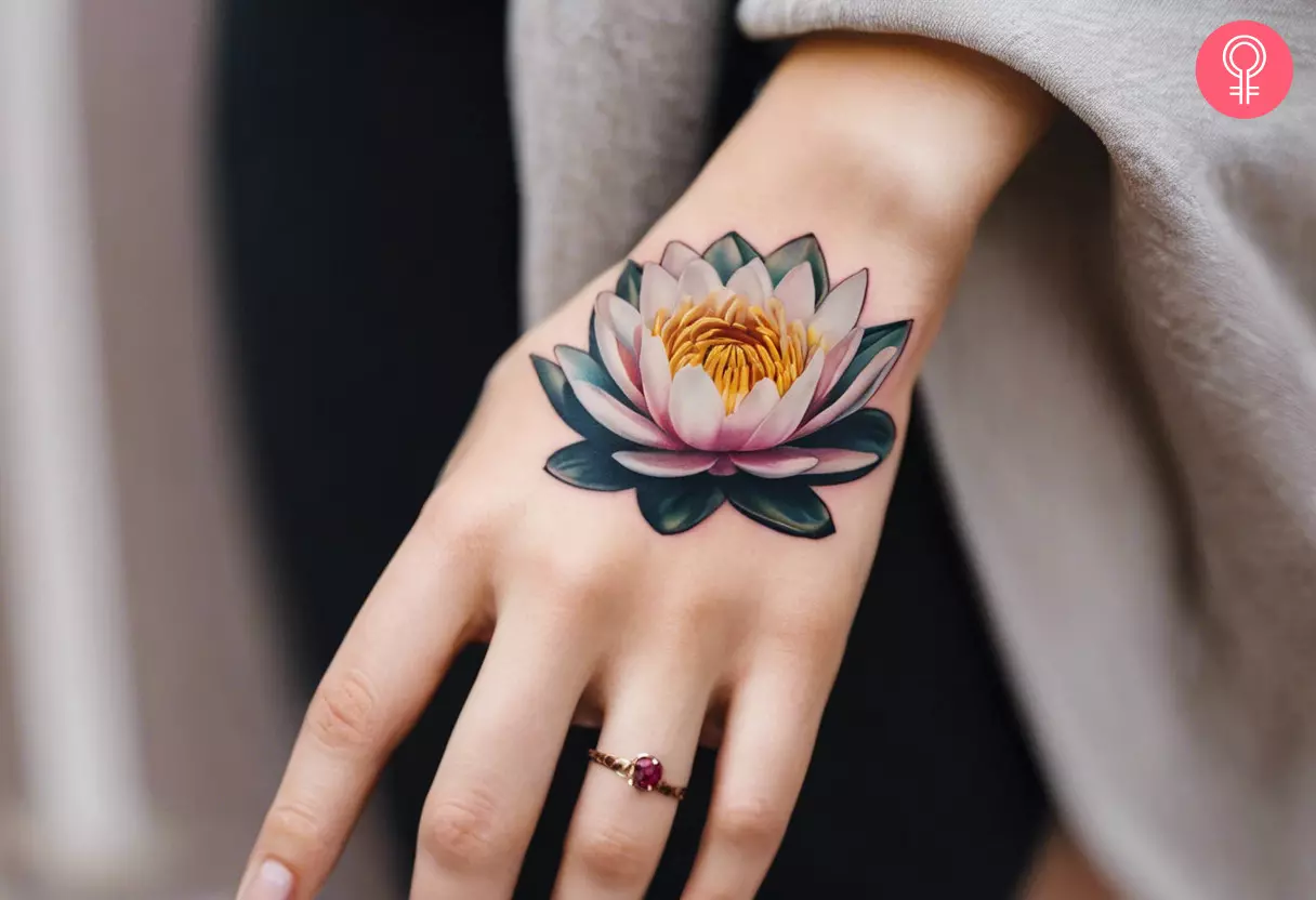A woman wearing a water lily tattoo on her hand