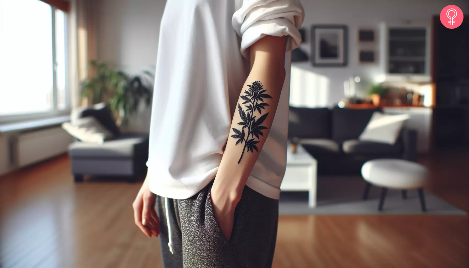 A weed flower tattoo on the forearm of a woman