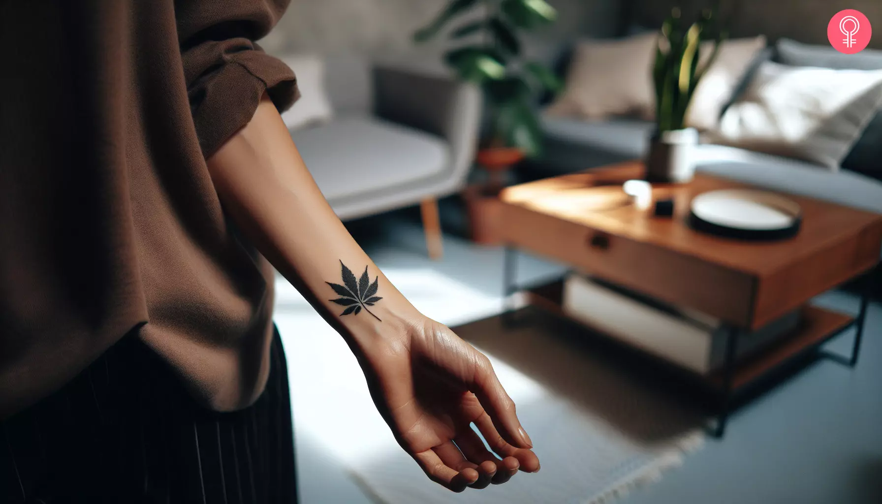 A weed leaf tattoo on the wrist of a woman