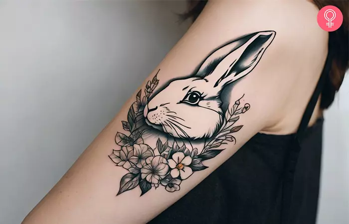 A woman with a white rabbit tattoo on the upper arm