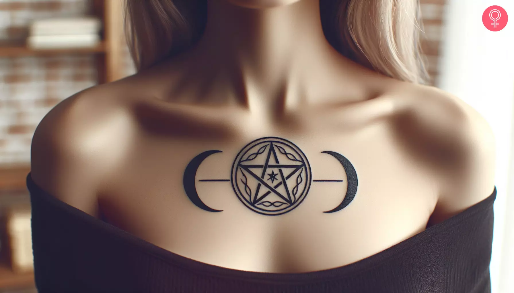 A witchy elements tattoo on a woman’s chest