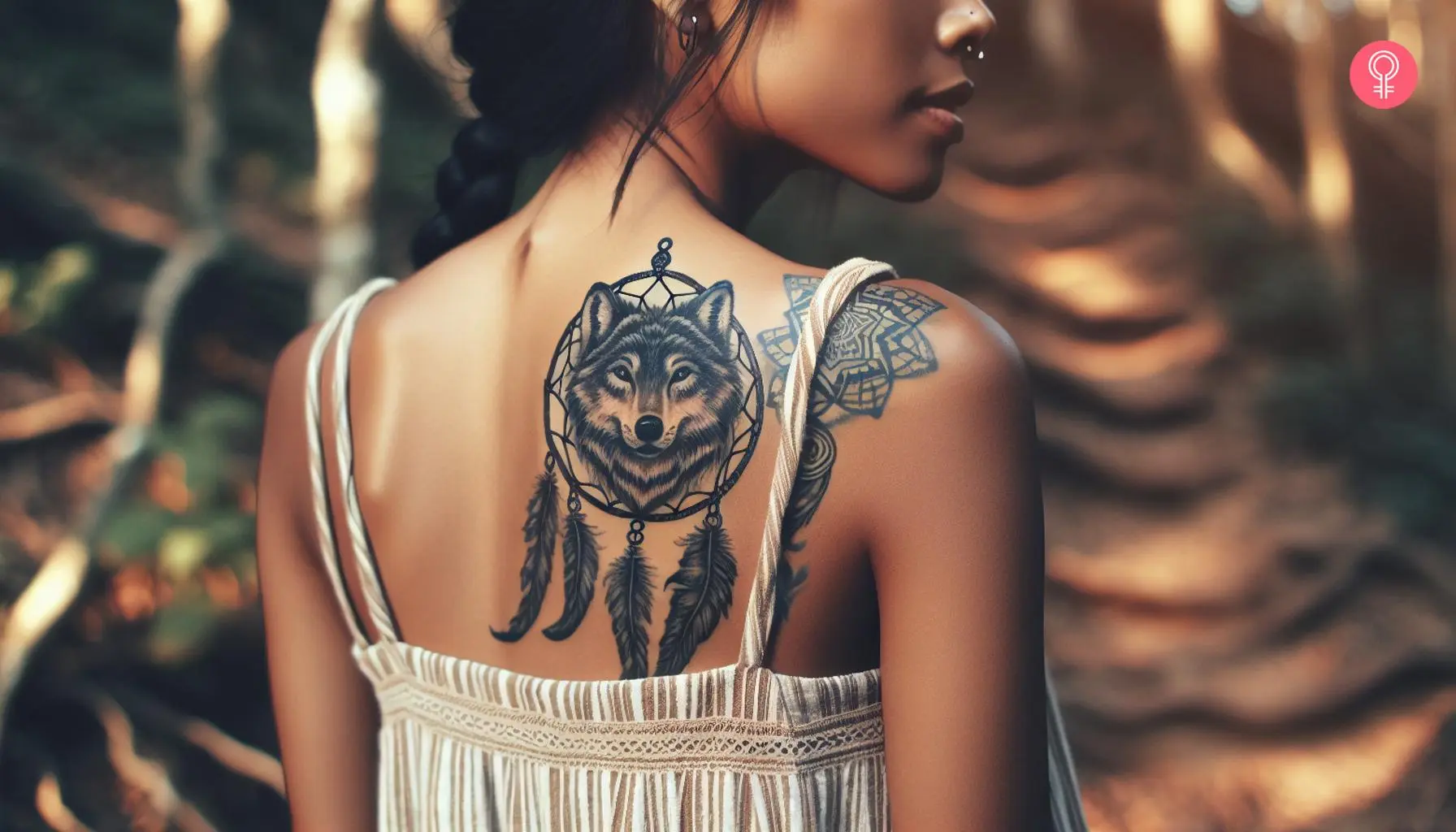 A gray and black ink wolf and dreamcatcher tattoo on the back of a woman’s shoulder