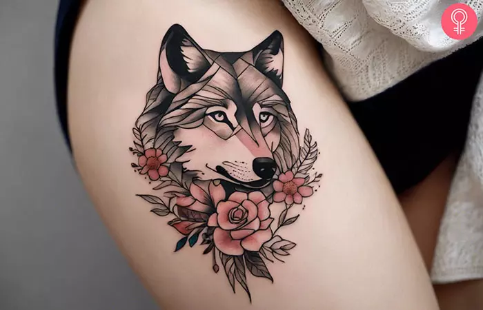 feminine wolf side thigh tattoo