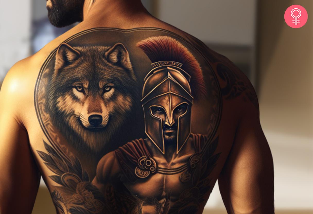 Wolf en Spartaanse tatoeage op de rug