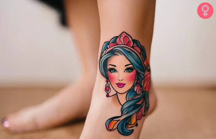 Woman with a Barbie tattoo on the foot
