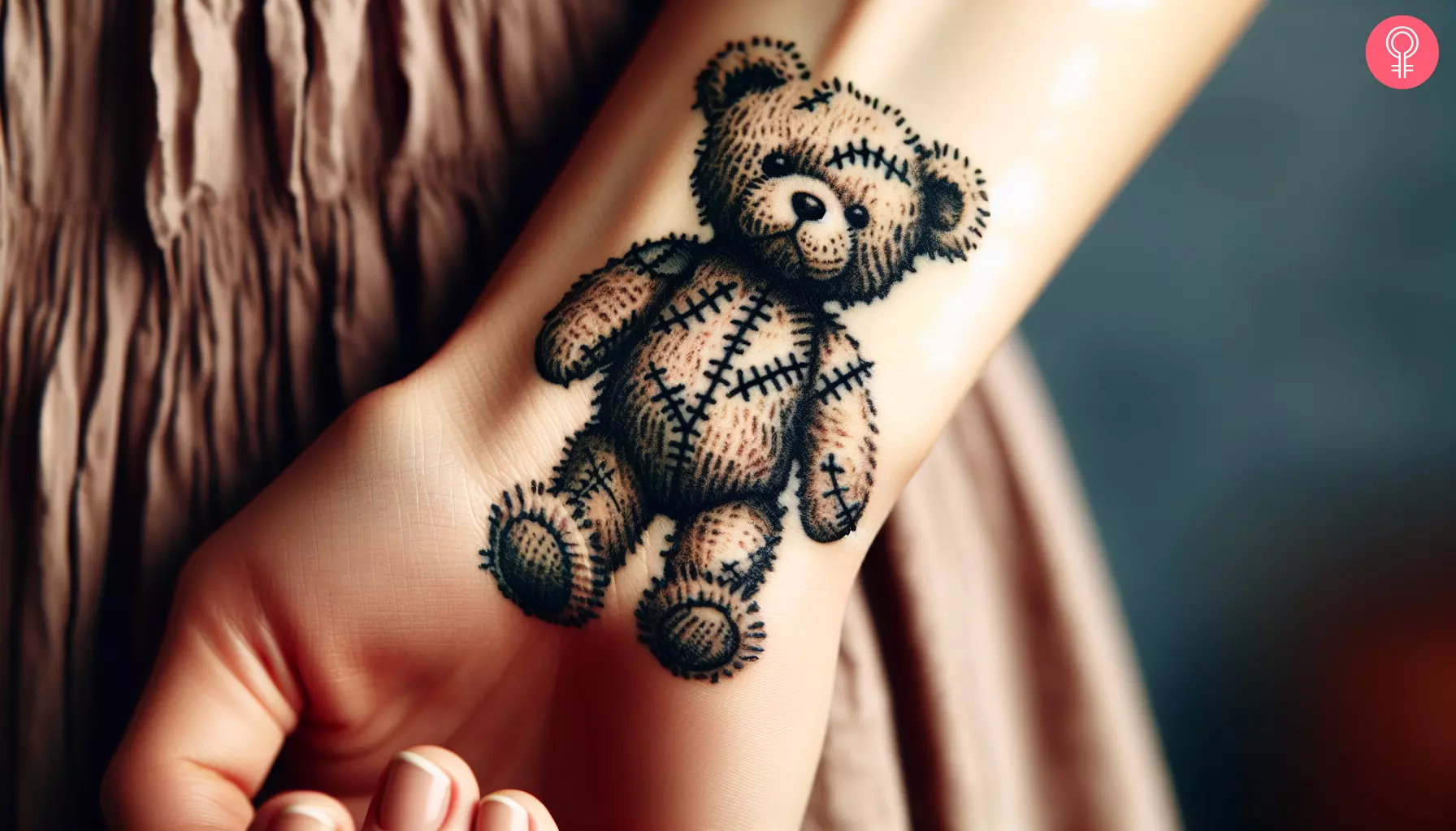 Woman with a battered teddy bear tattoo on her wrist