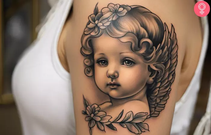 Woman with a cherub angel tattoo on her upper arm