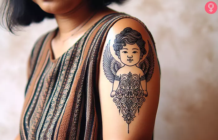 Woman with a cherub outline tattoo