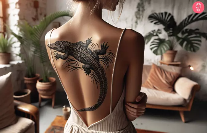 Woman with a crocodile back tattoo