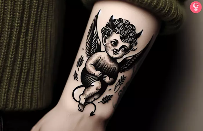 Woman with a devil cherub tattoo