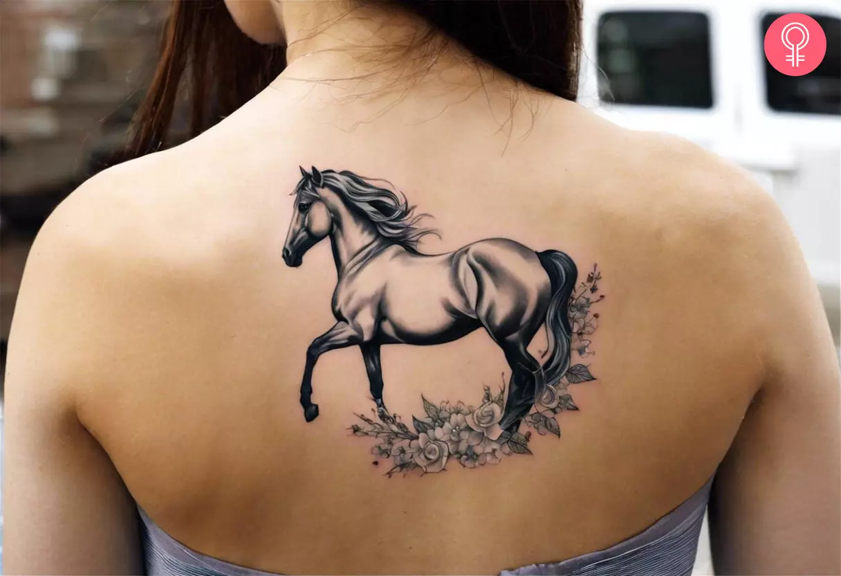 Woman with a feminine horse tattoo on her back