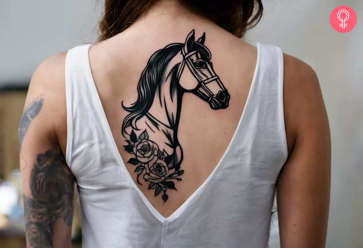 Woman with a fine line horse tattoo on her back