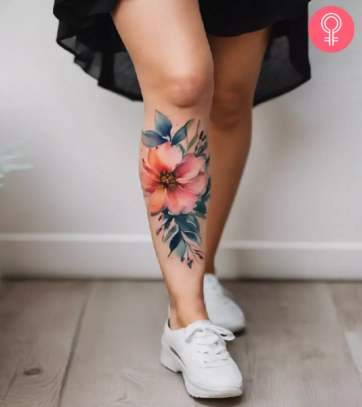 Woman with a floral shin tattoo
