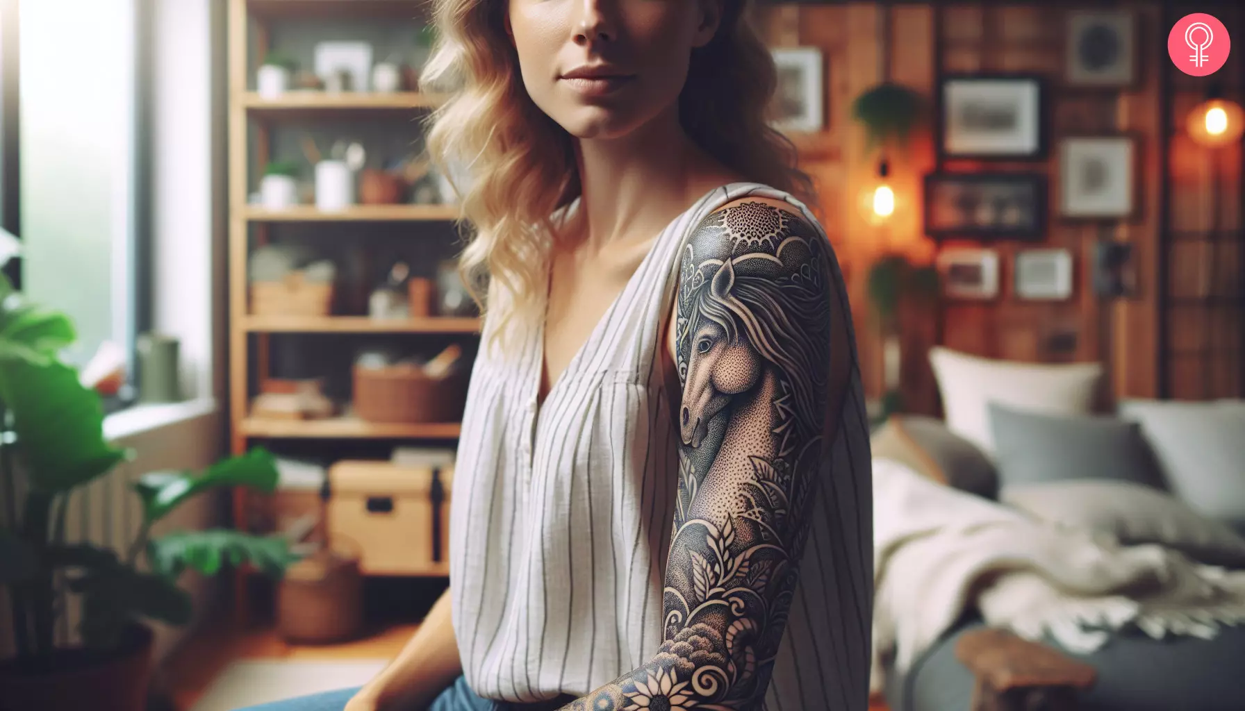 Woman with a horse sleeve tattoo on her arm