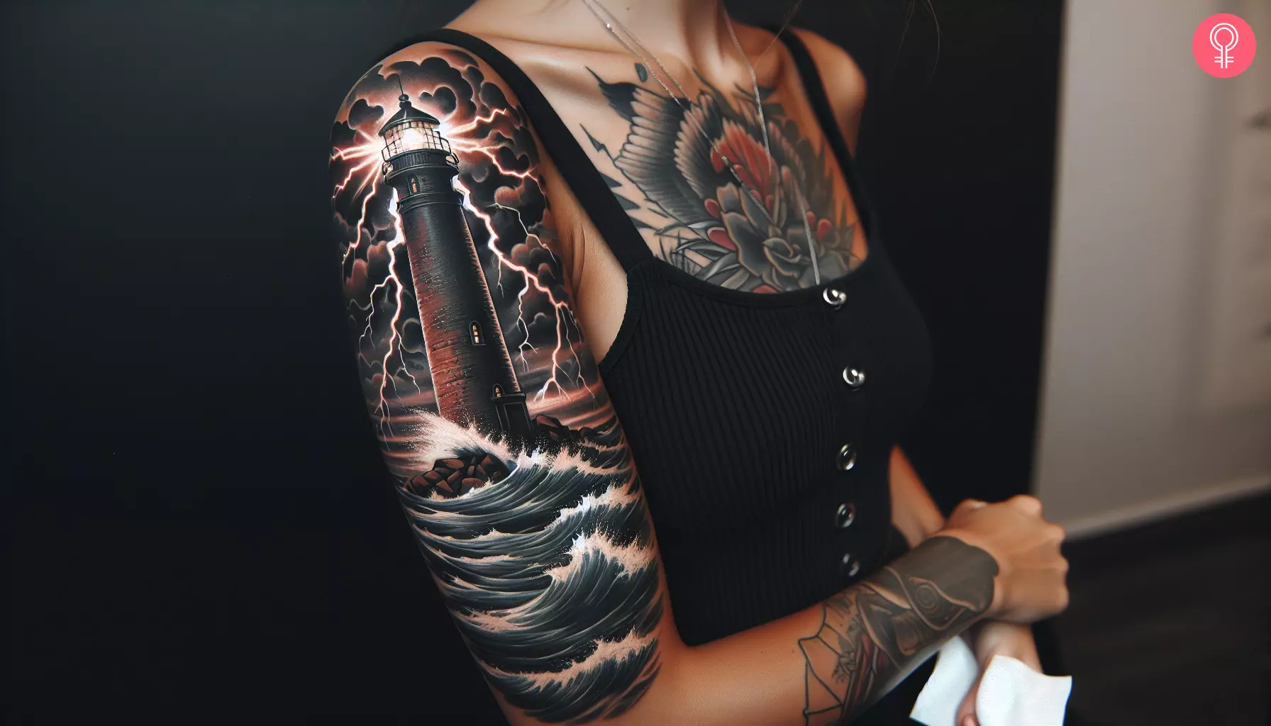 Woman with a lighthouse storm tattoo on her upper arm