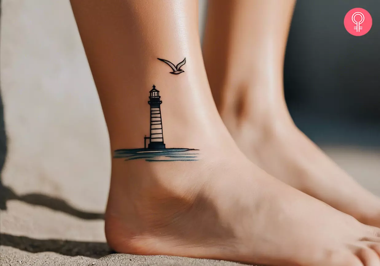 Woman with a minimalist lighthouse tattoo on her ankle