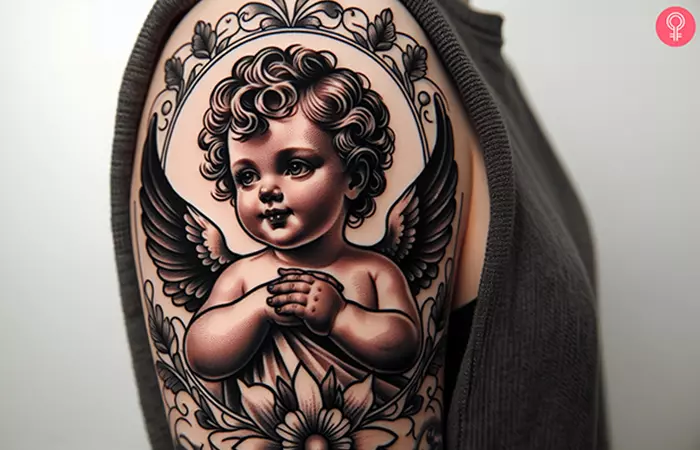 Woman with a realistic angel cherub tattoo