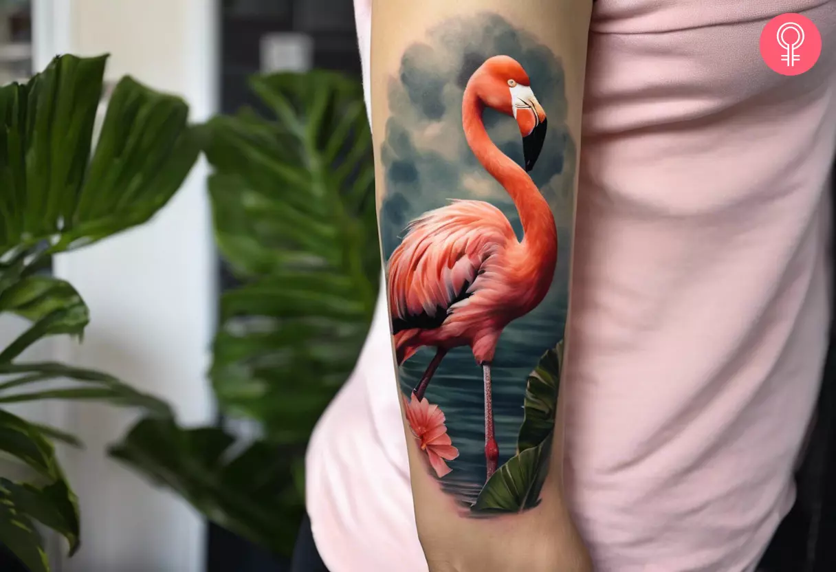 Woman with a realistic flamingo tattoo on her arm