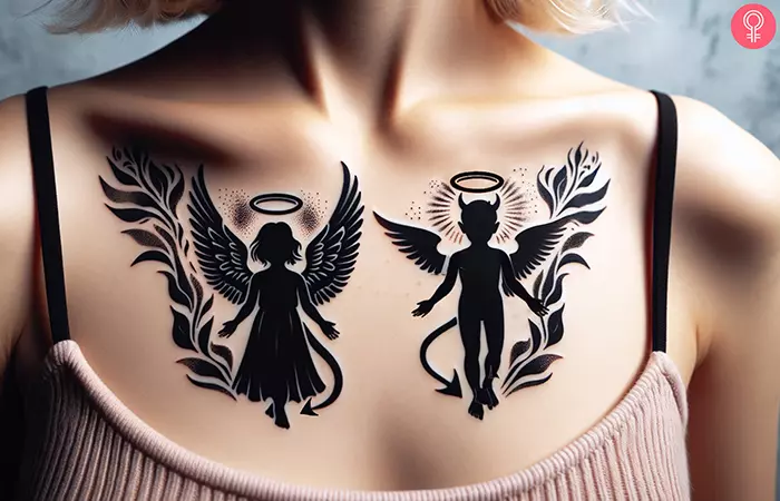 Woman with a tattoo of an angel and devil cherubs