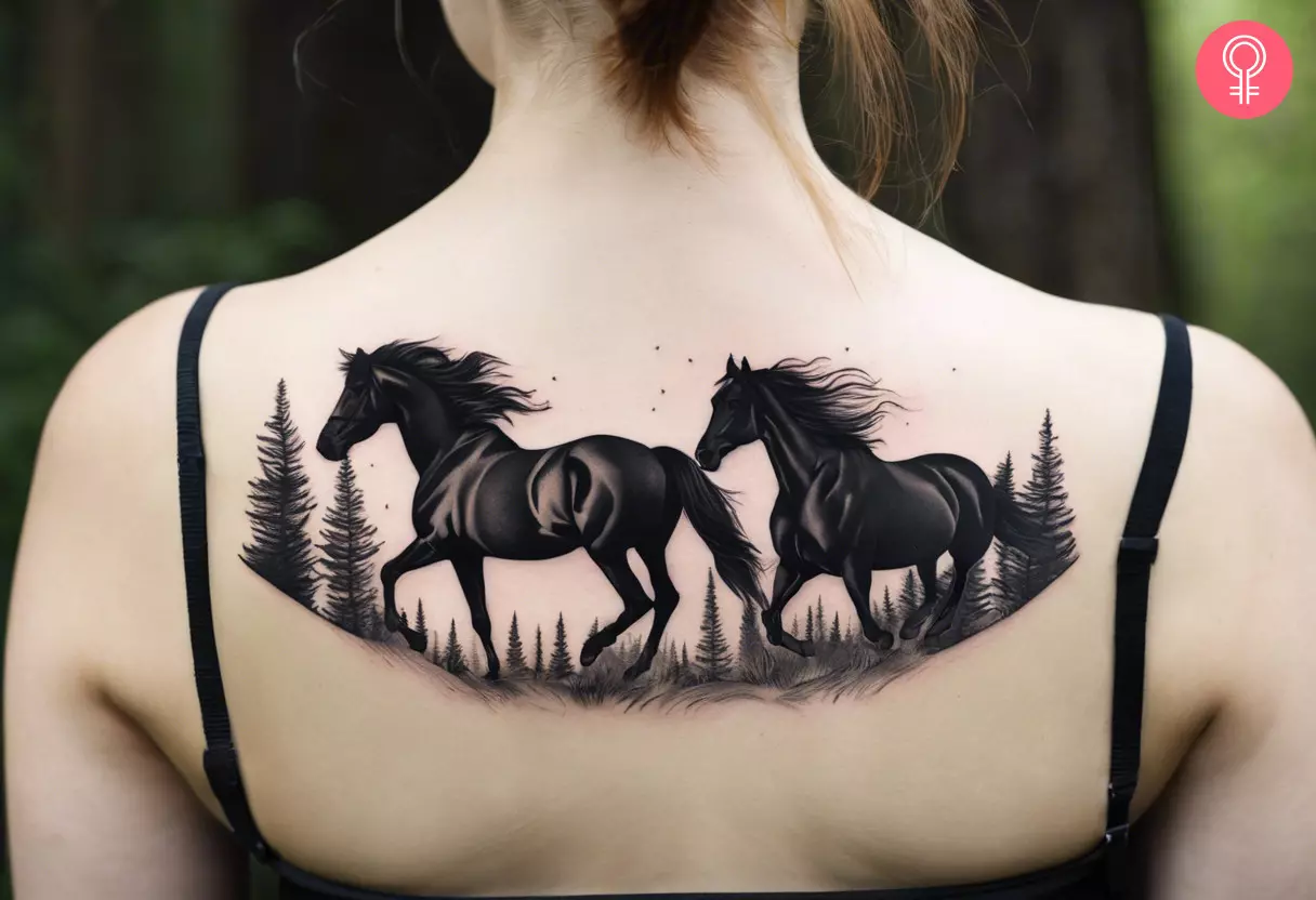 Woman with a tattoo of wild horses on her upper back
