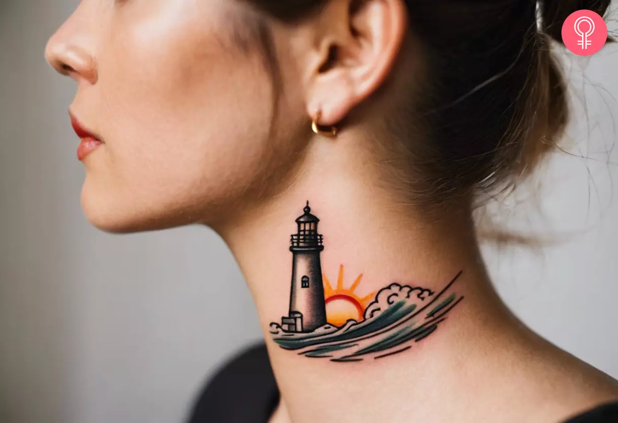 Woman with an old fashioned lighthouse tattoo on her neck