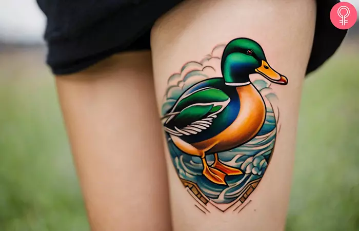 Woman with mallard duck tattoo on her thigh