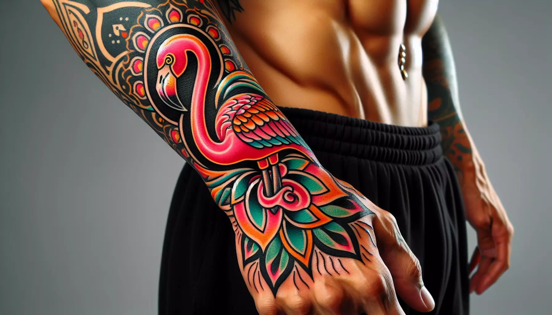 Woman with neon flamingo tattoo on her upper arm