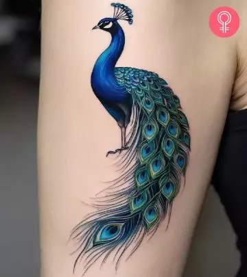 Woman with peacock feather tattoo on her forearm