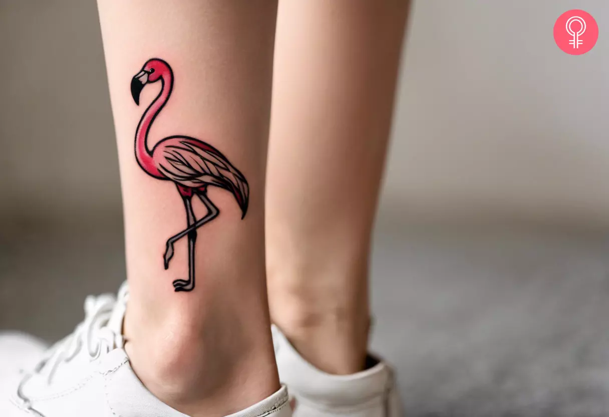 Woman with traditional flamingo tattoo on her ankle