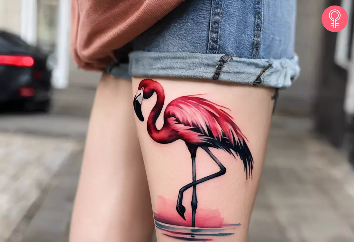 Woman with watercolor flamingo tattoo on her thigh