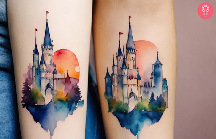 Women with Disney sister tattoos on their forearms