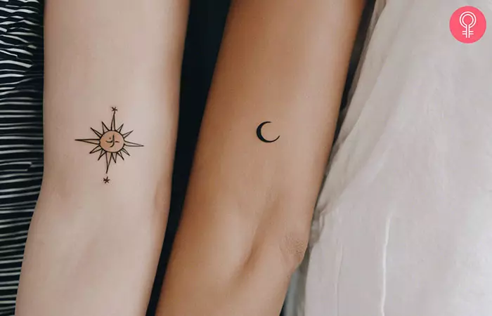 Women with fine-line sun and moon sister tattoos on their arms