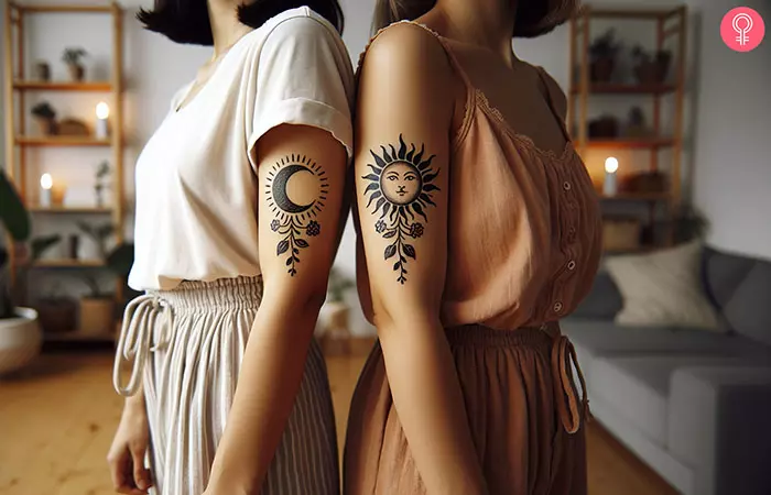 Women with floral sun and moon sister tattoos on the upper arm