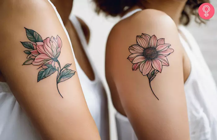 Women with nature sister tattoos on their upper arms