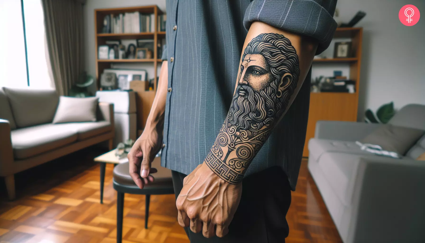 A Zeus tattoo on the forearm