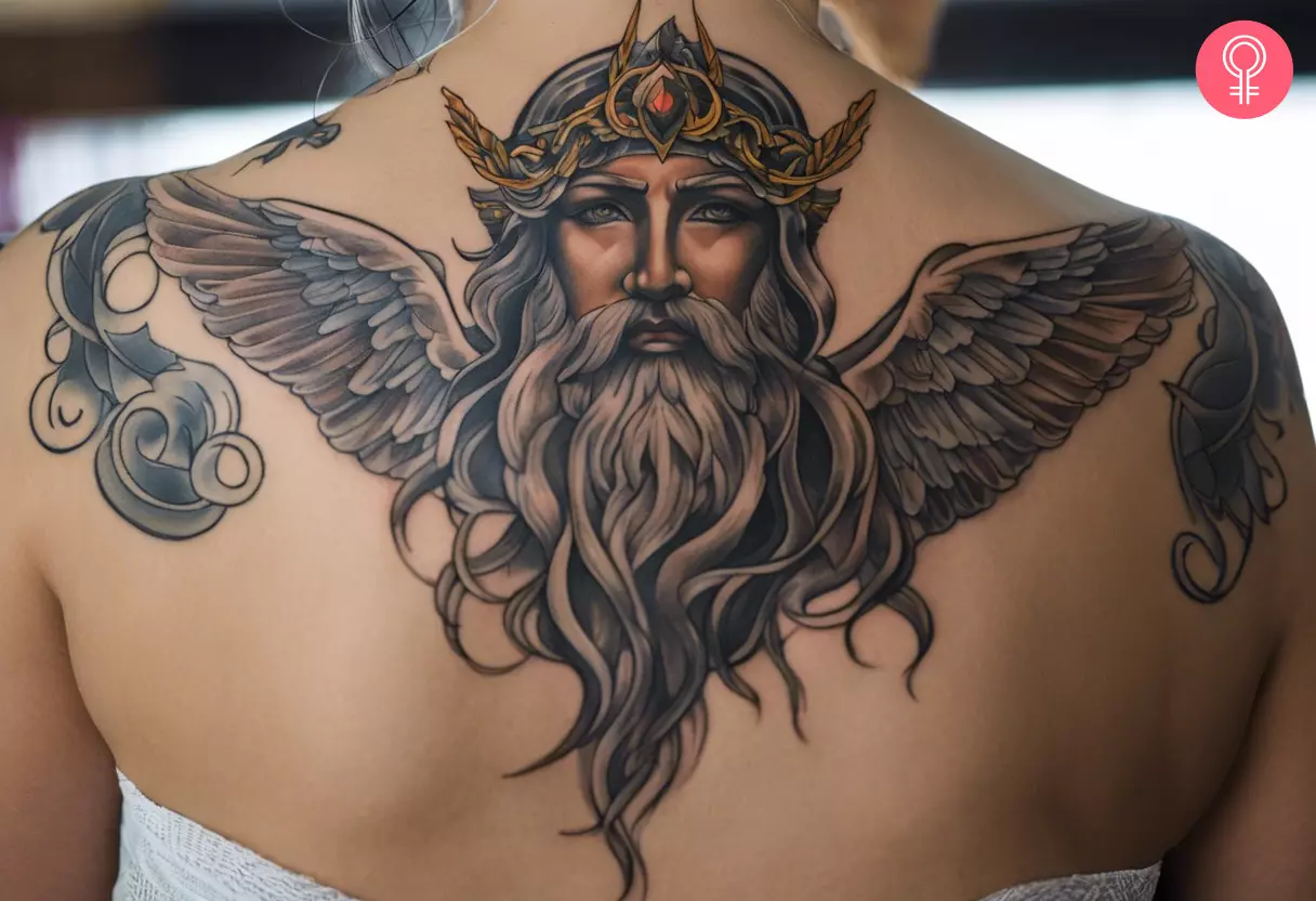 A Zeus god tattoo on the back.