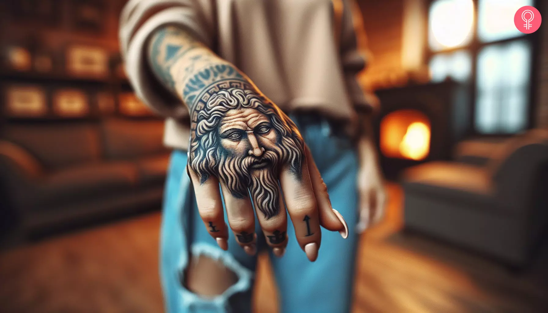 A Zeus tattoo on the back of the hand