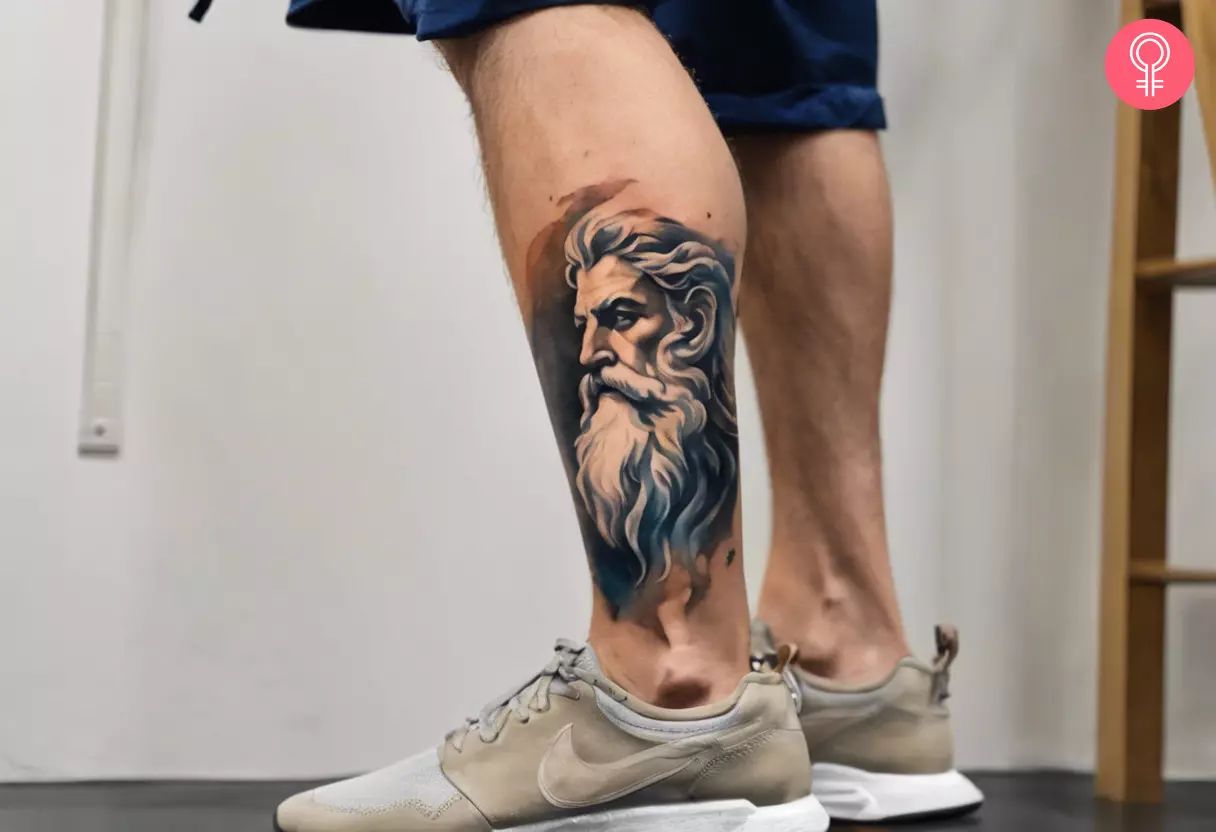 A Zeus tattoo on the leg