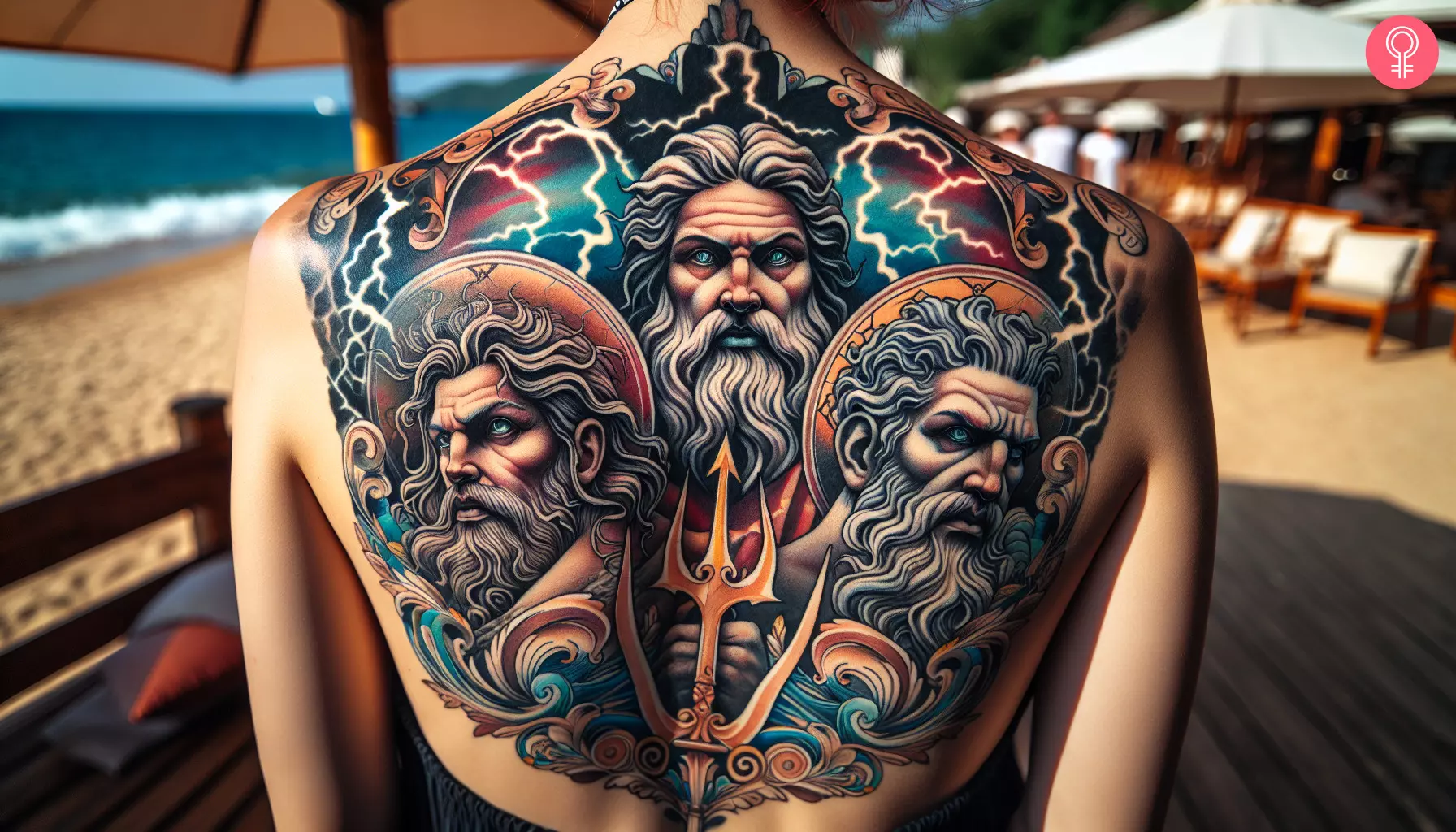 A Zeus, Poseidon, and Hades tattoo on the back