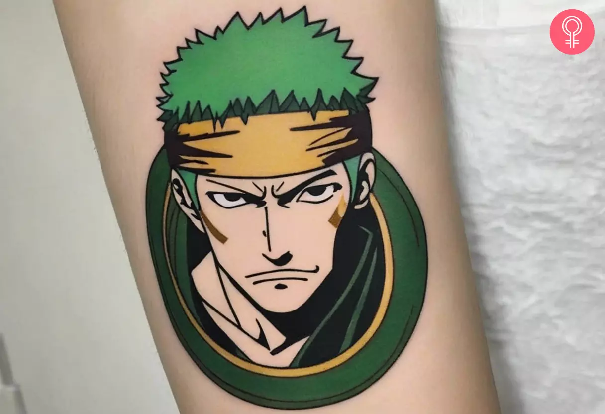 Zoro One Piece tattoo on a woman’s arm