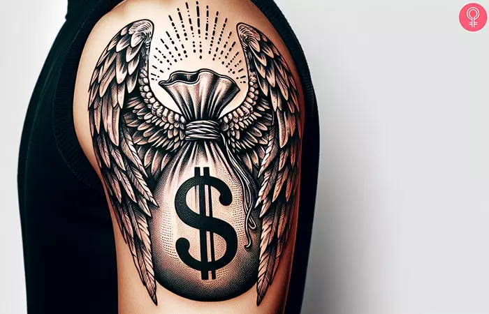 money bag with angel wings tattoo