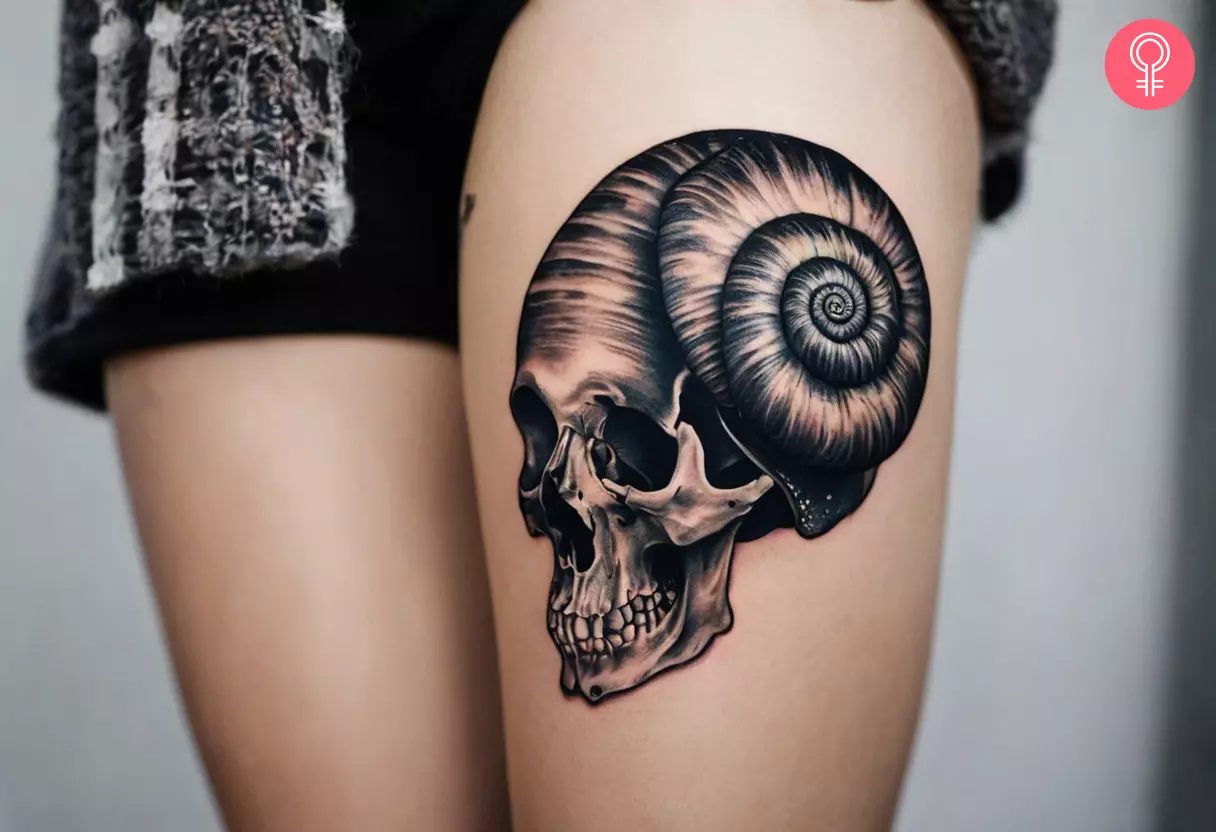 nail skull tattoo on the thigh