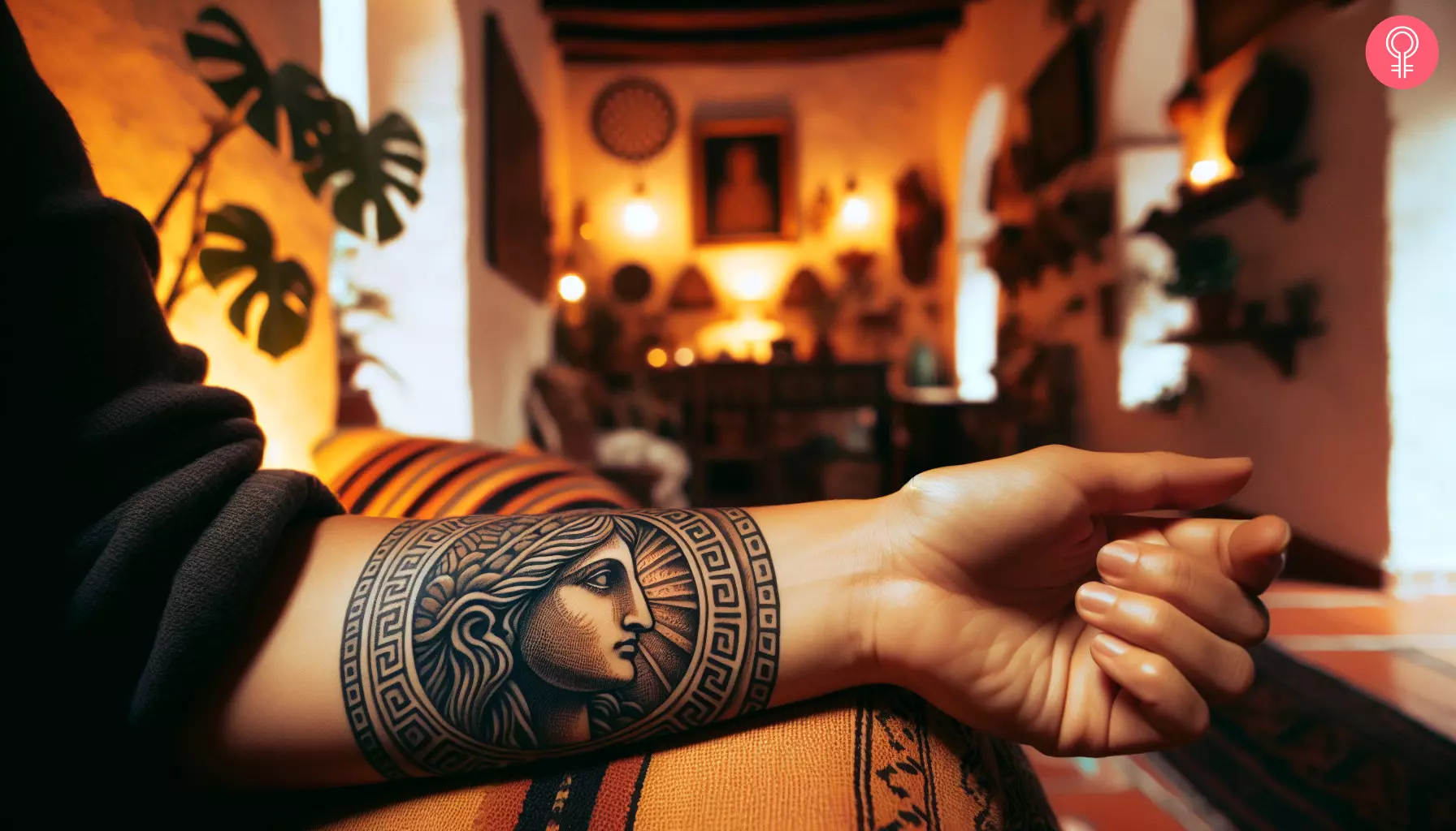 An Athena statue tattoo design on the forearm